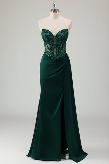 Dark Green Ruched Corset Strapless Mermaid Prom Dress with Slit